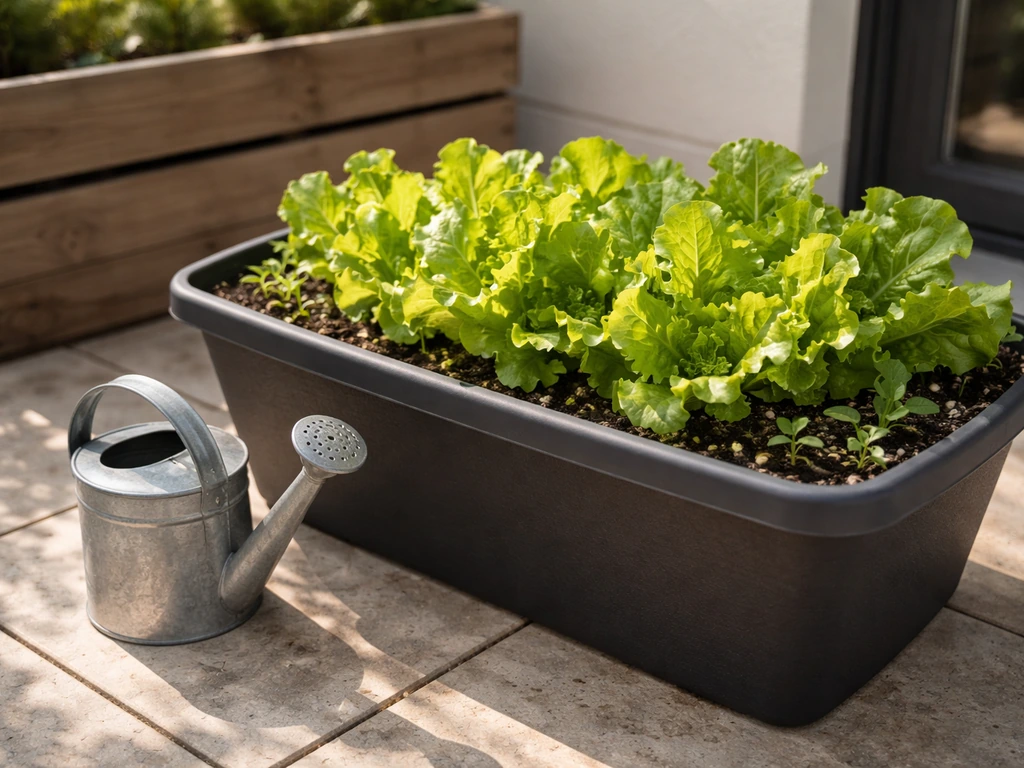 Patio planter overflowing with healthy lettuce leaves, with a small watering can nearby.
