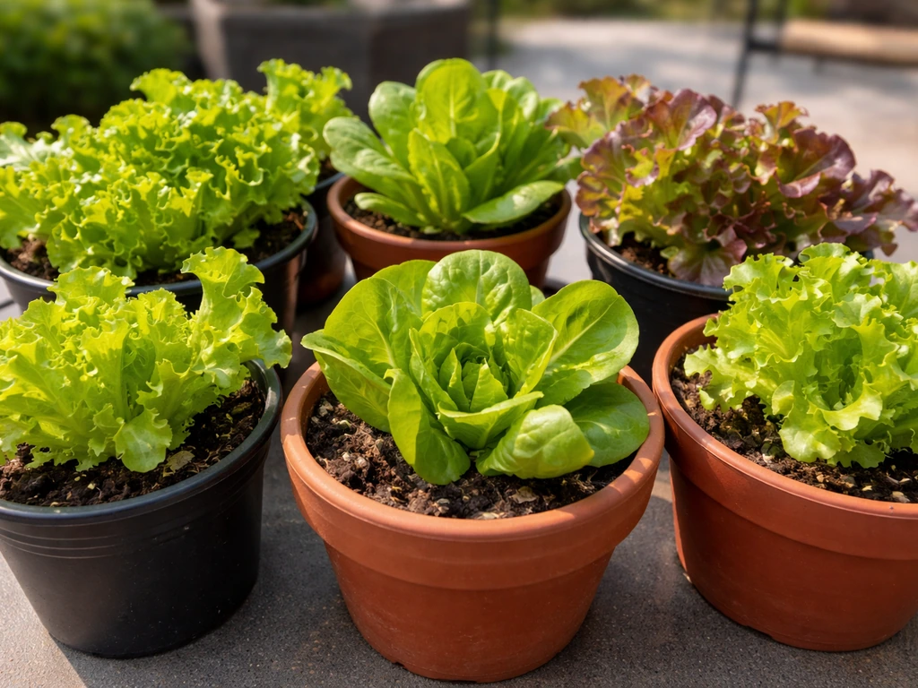 Close-up of multiple small patio containers with different lettuce textures in natural light.