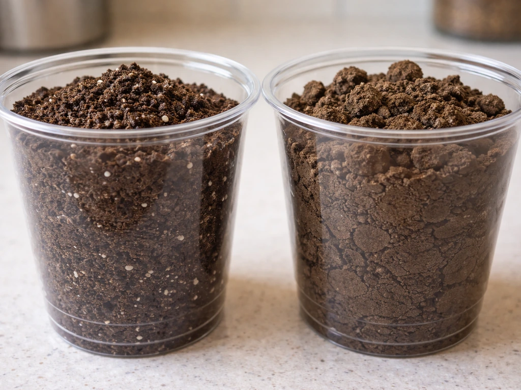 Two small containers side-by-side showing fluffy dark potting mix versus clumpy garden soil