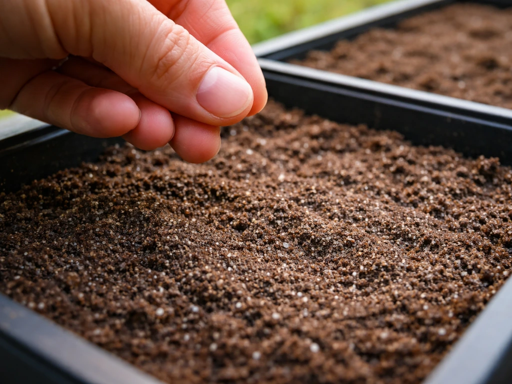 Hand sprinkling tiny lettuce seeds onto moist potting mix in a planting tray, lightly covered with soil.