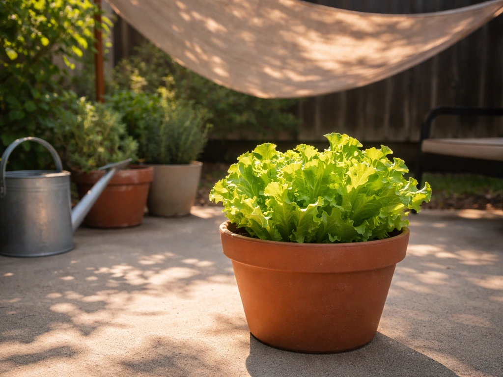 Terracotta lettuce pot on a patio, lit by morning sun with a shade cloth creating afternoon protection.
