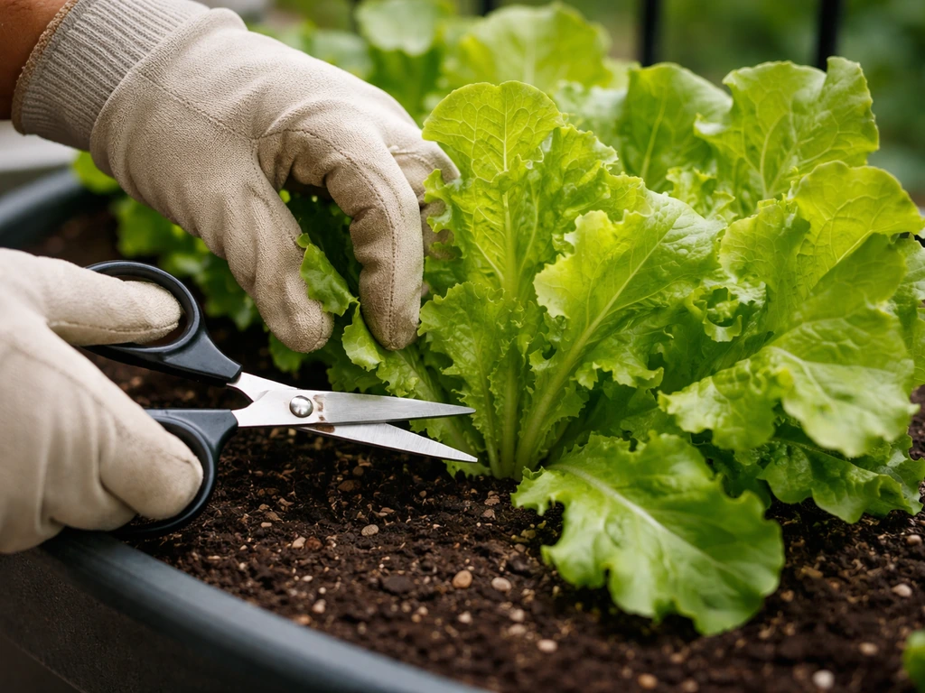 Hands use clean scissors to cut outer leaves from a planter, leaving the central crown intact.