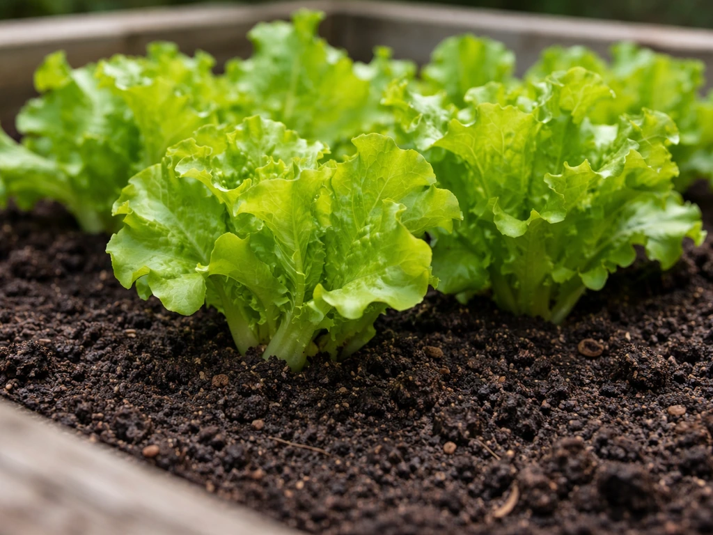 Fresh lettuce leaves growing from dark finished compost in a raised garden bed.