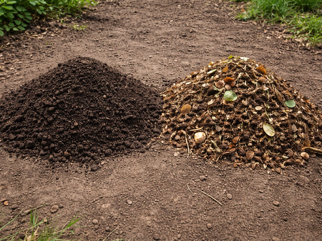 Two side-by-side compost piles: dark crumbly finished compost vs chunkier lighter unfinished compost.