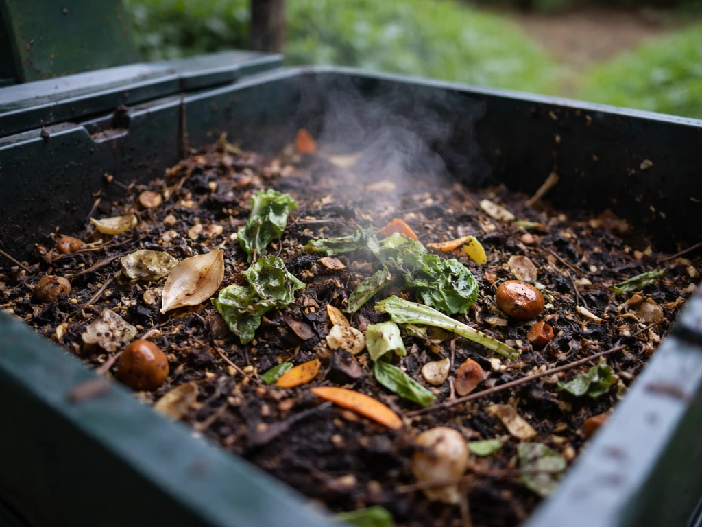 Close-up of an open compost pile with visible food scraps and slight steam from the center.