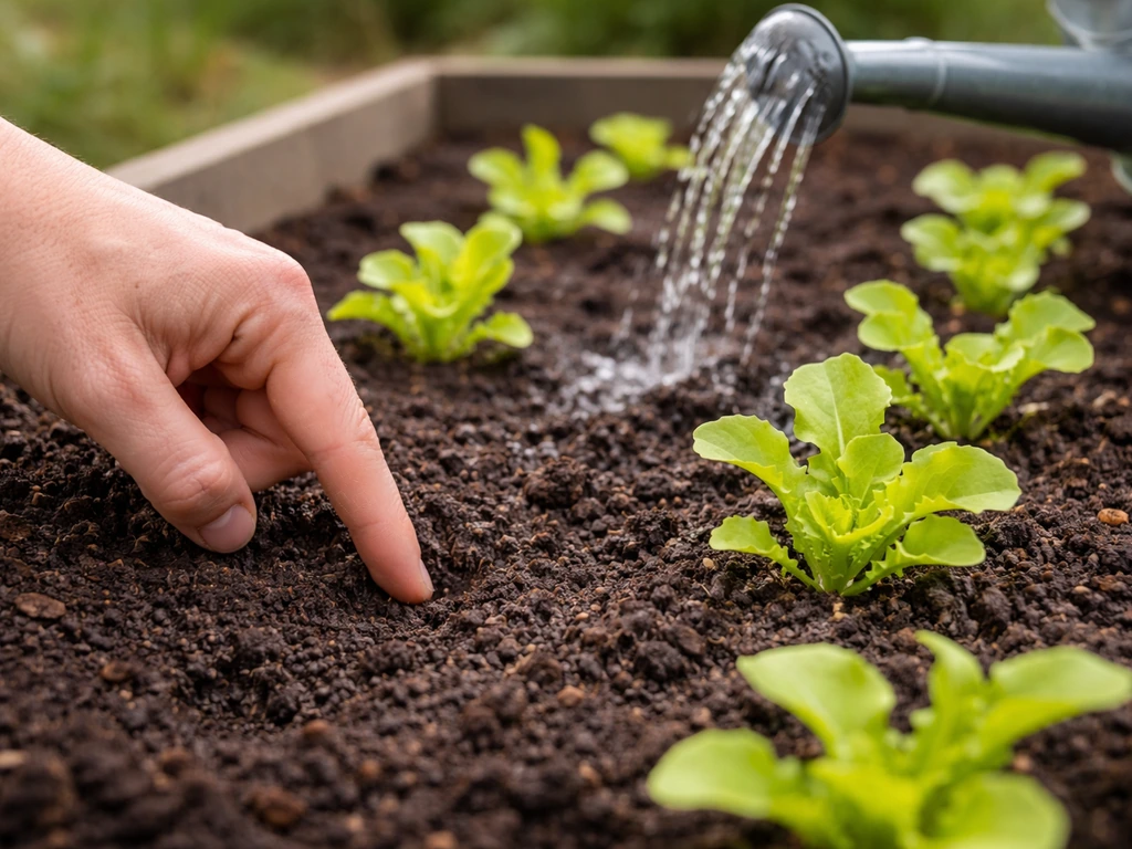 Person checks soil moisture with a finger in a compost-amended lettuce bed, then waters gently