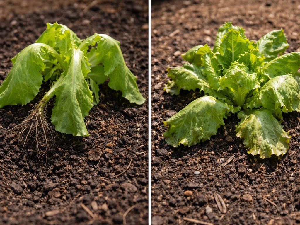 Split-view photo showing wilting compost-grown lettuce with exposed roots and heat-stressed leaves in sun