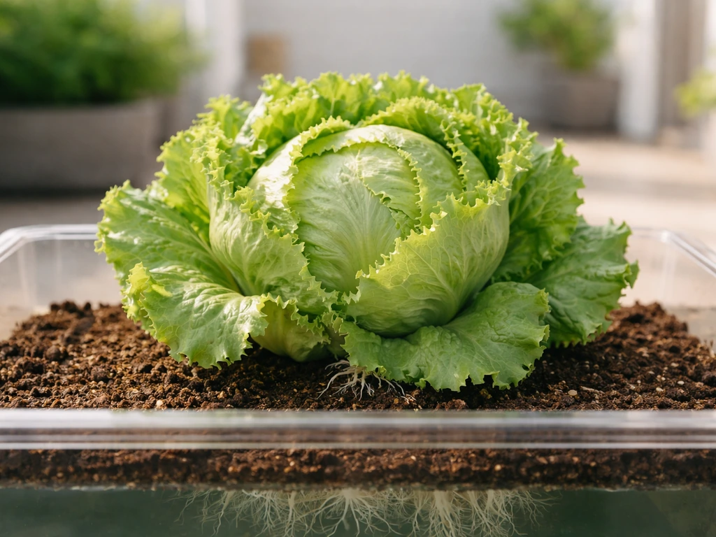 Close-up of a full, lush Great Lakes 118 crisphead lettuce ready to harvest in a clean indoor/outdoor setup.