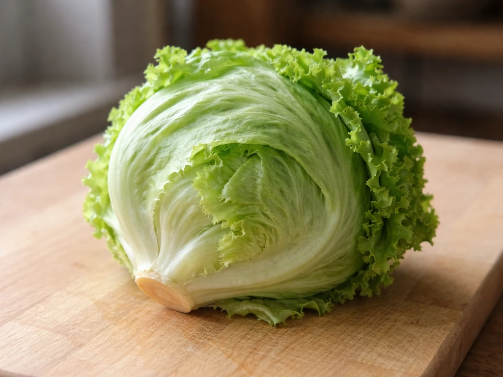 Close-up of a pale-green crisphead lettuce head on a wooden board, showing tight layered leaves.