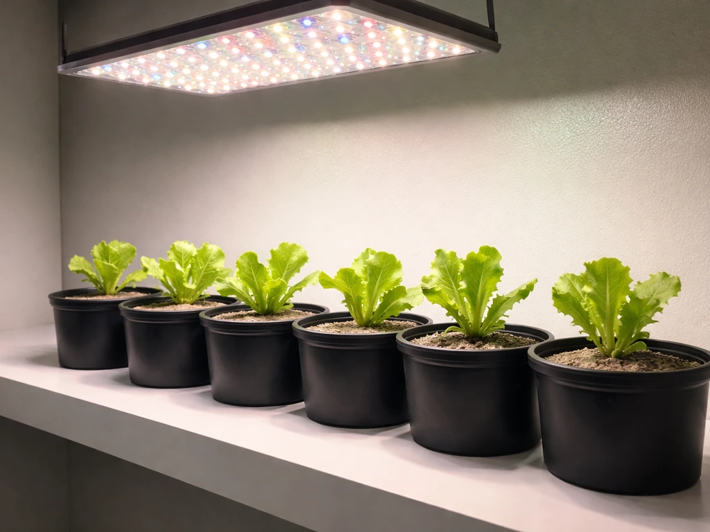 Indoor lettuce seedlings in pots under a full-spectrum LED grow light.