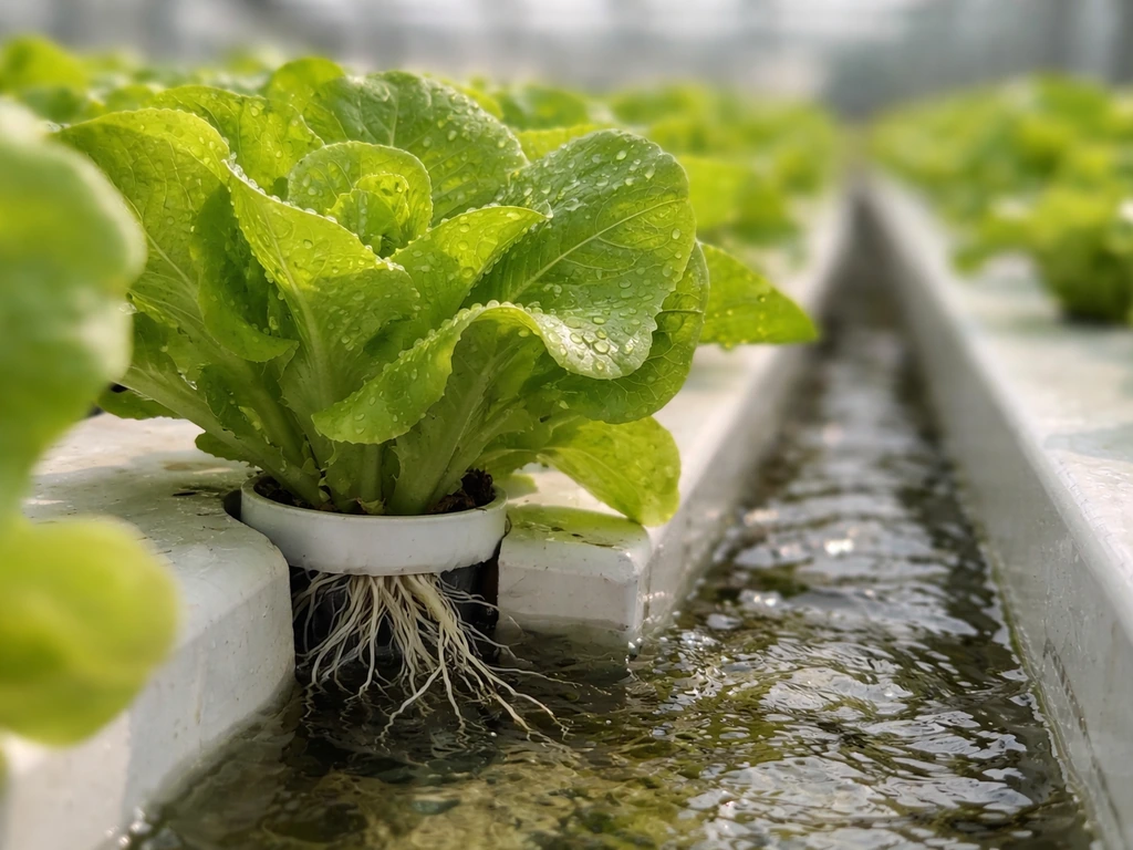 Close-up of green lettuce growing in a hydroponic NFT channel with visible roots and flowing nutrient water.
