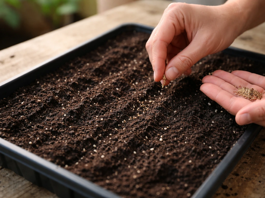 Hands scattering lettuce seeds into a shallow soil tray on a wooden table.