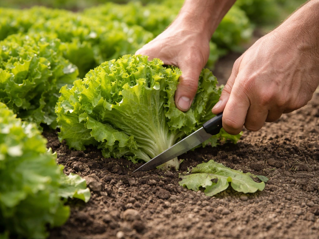Hands cutting Great Lakes lettuce stem at soil level in a small garden bed.