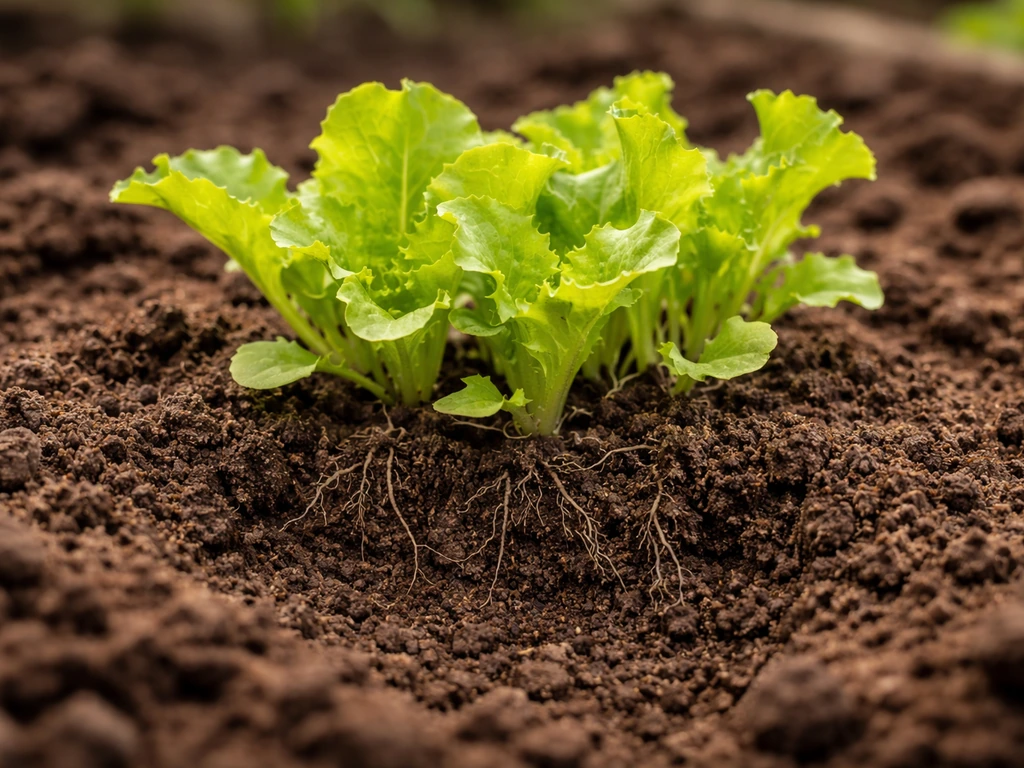 Close-up of lettuce seedlings with shallow roots in loosened soil, highlighting shallow planting depth.