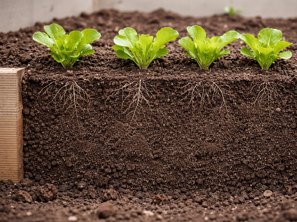 Side view of shallow garden bed with lettuce seedlings and soil cross-section showing roots in top inches