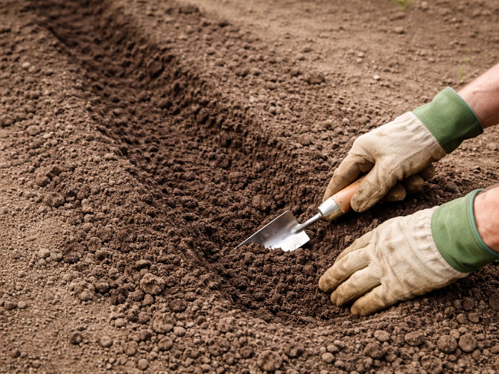 Gloved hands loosening dark soil in an in-ground bed, showing preparation depth for lettuce.