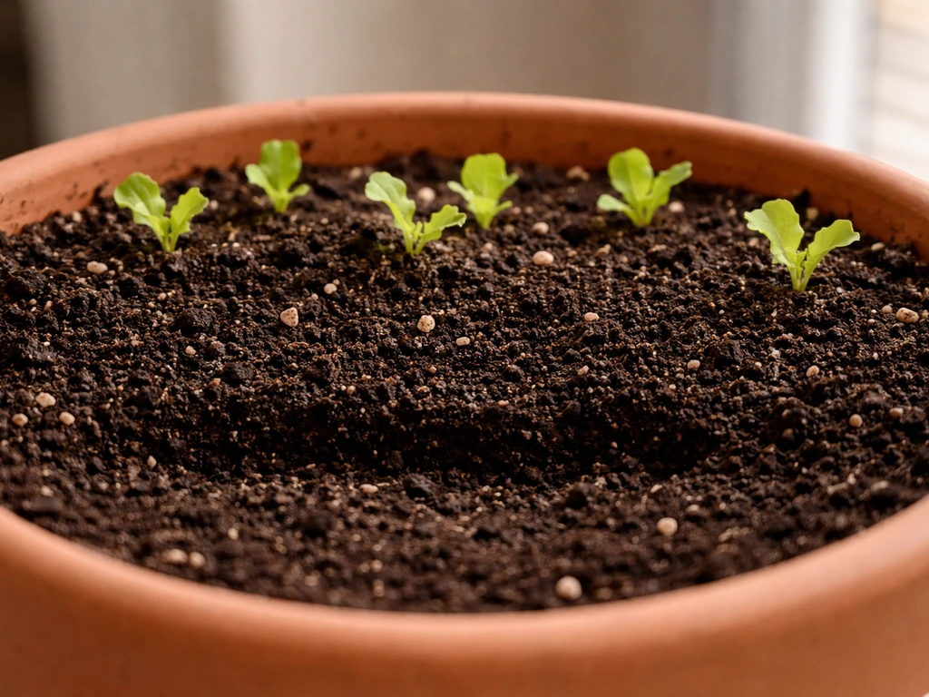 Terracotta planter with layered soil depth and early lettuce seedlings sprouting indoors.