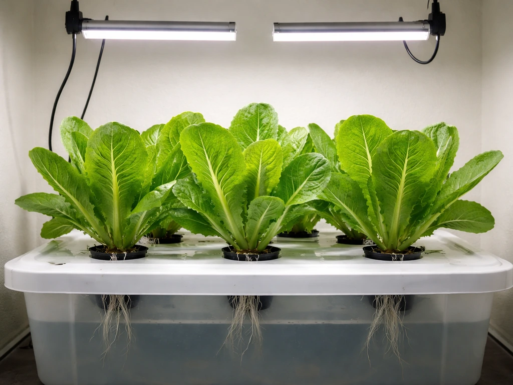 Beginner hydroponic system with thriving romaine lettuce in net pots under grow lights.