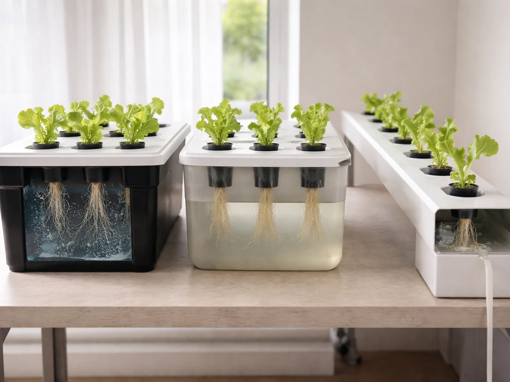 Three hydroponic lettuce systems side-by-side with exposed roots: DWC, Kratky, and NFT.