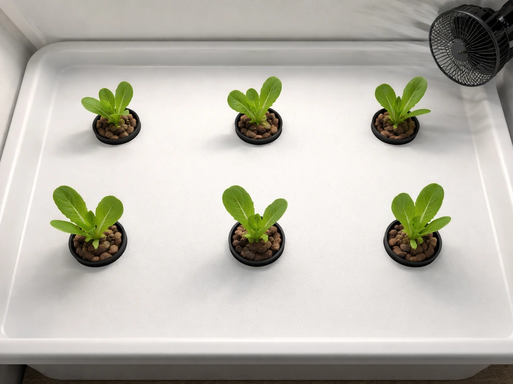 Top-down view of romaine lettuce net pots spaced 8–10 inches apart with a small fan for gentle airflow.