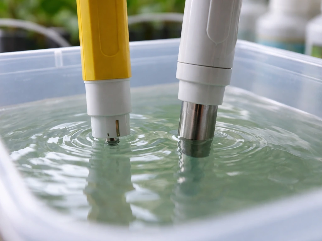 Close-up of pH pen and EC probe in a hydroponic nutrient reservoir, minimal and realistic.