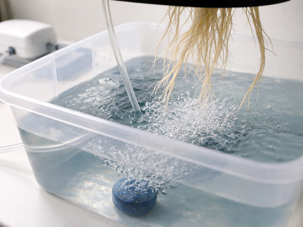 Reservoir in a DWC hydroponic setup with an air pump running, airstone bubbling near roots, and clear water lines