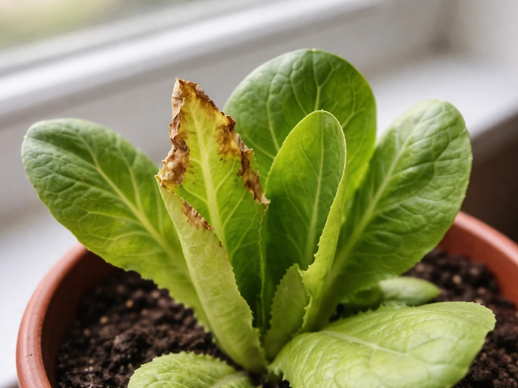Close-up of inner leaf tip burn with brown papery edges beside a healthy green leaf