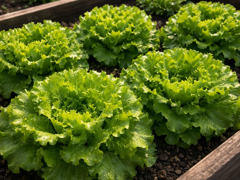 Overhead view of fresh green ice lettuce rosettes with glossy frilled leaves in a garden bed