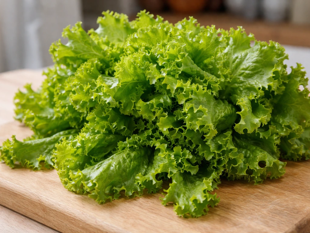 Close-up of glossy, deeply frilled green ice lettuce leaves on a wooden board.