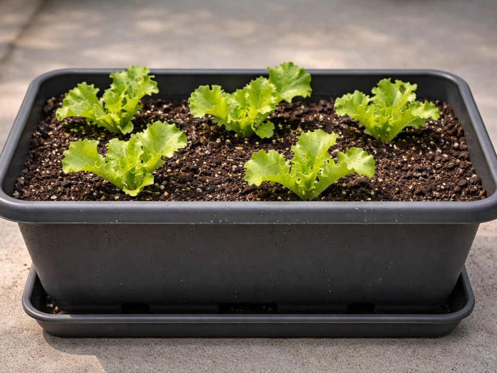Green ice lettuce seedlings in a deep container with potting mix and visible drainage