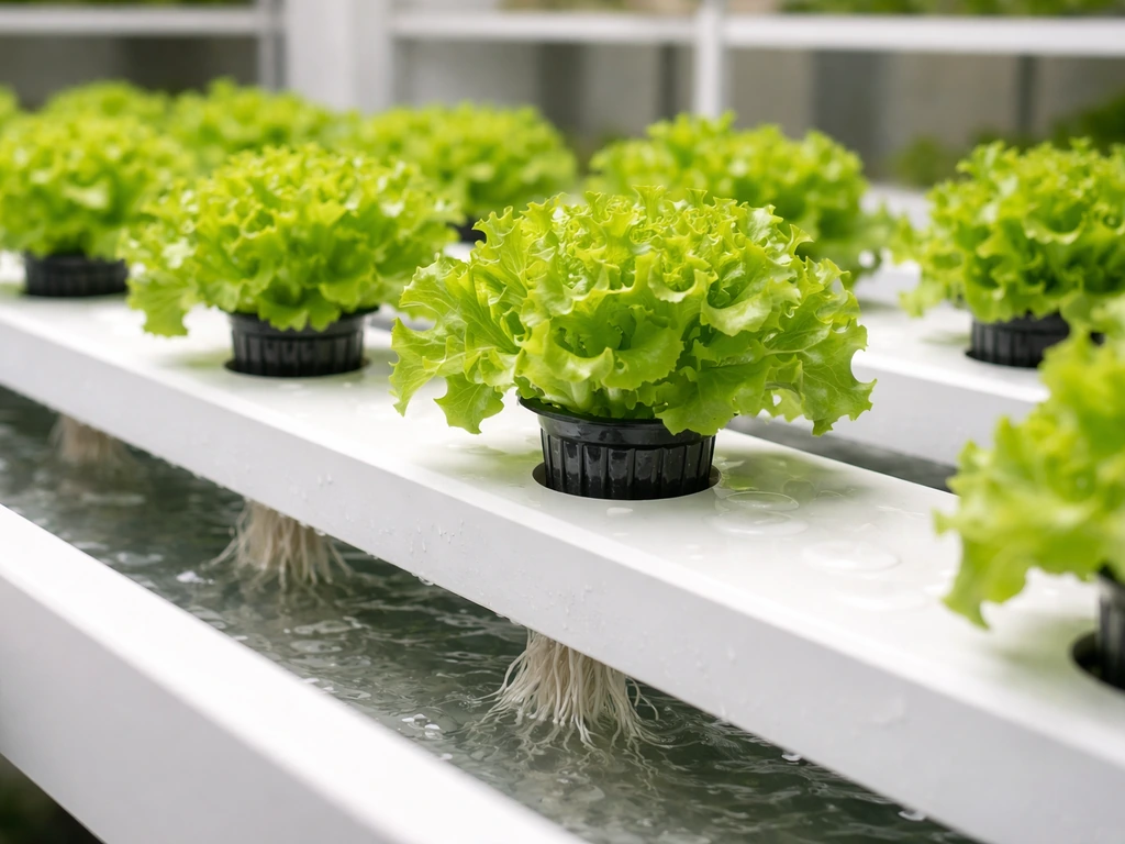 Green lettuce growing in an NFT hydroponics channel with net cups and a thin film of water.