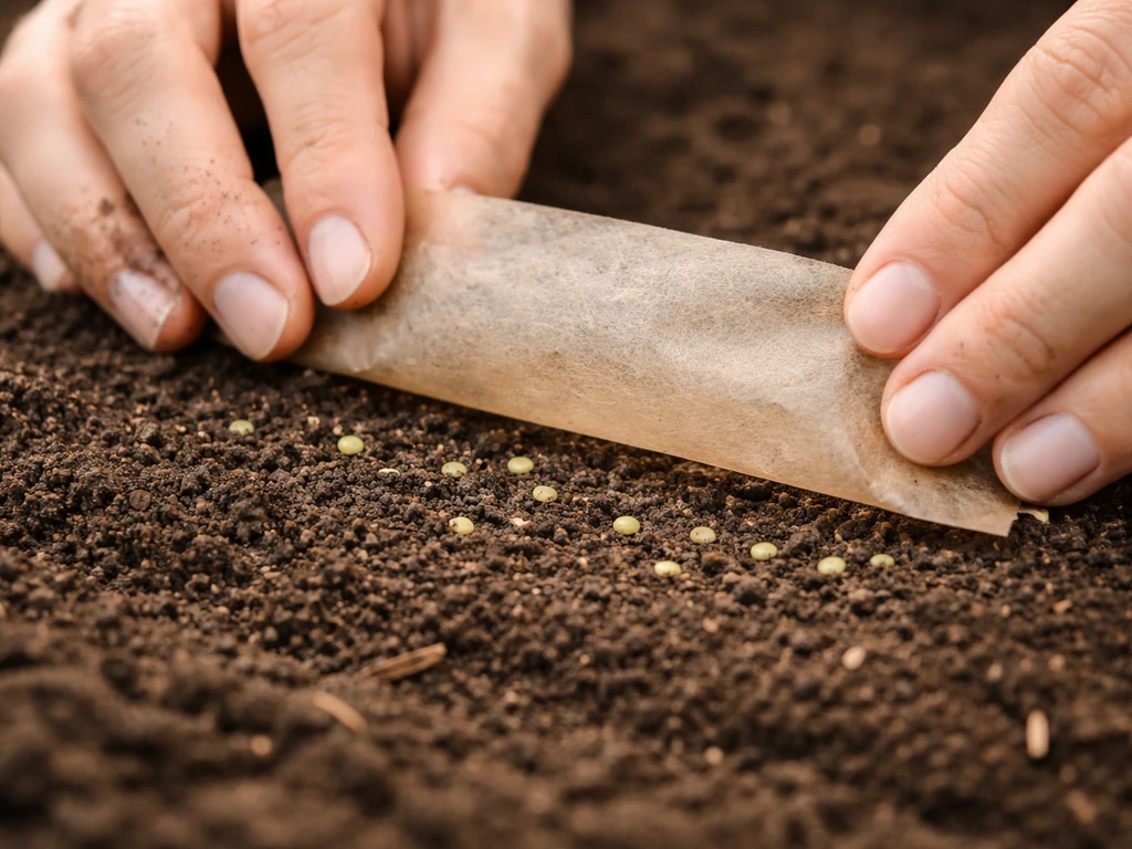 Hands gently pressing lettuce seeds onto moist soil surface with a thin paper cover