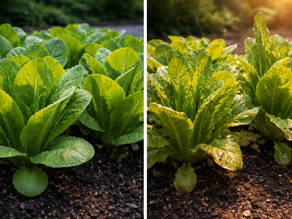 Side-by-side lettuce plants: cool-shaded vigorous growth on one side, warm-sun stress on the other.