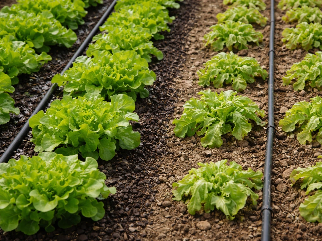 Lettuce bed with drip irrigation showing consistent moisture and nearby stressed plants from irregular watering.