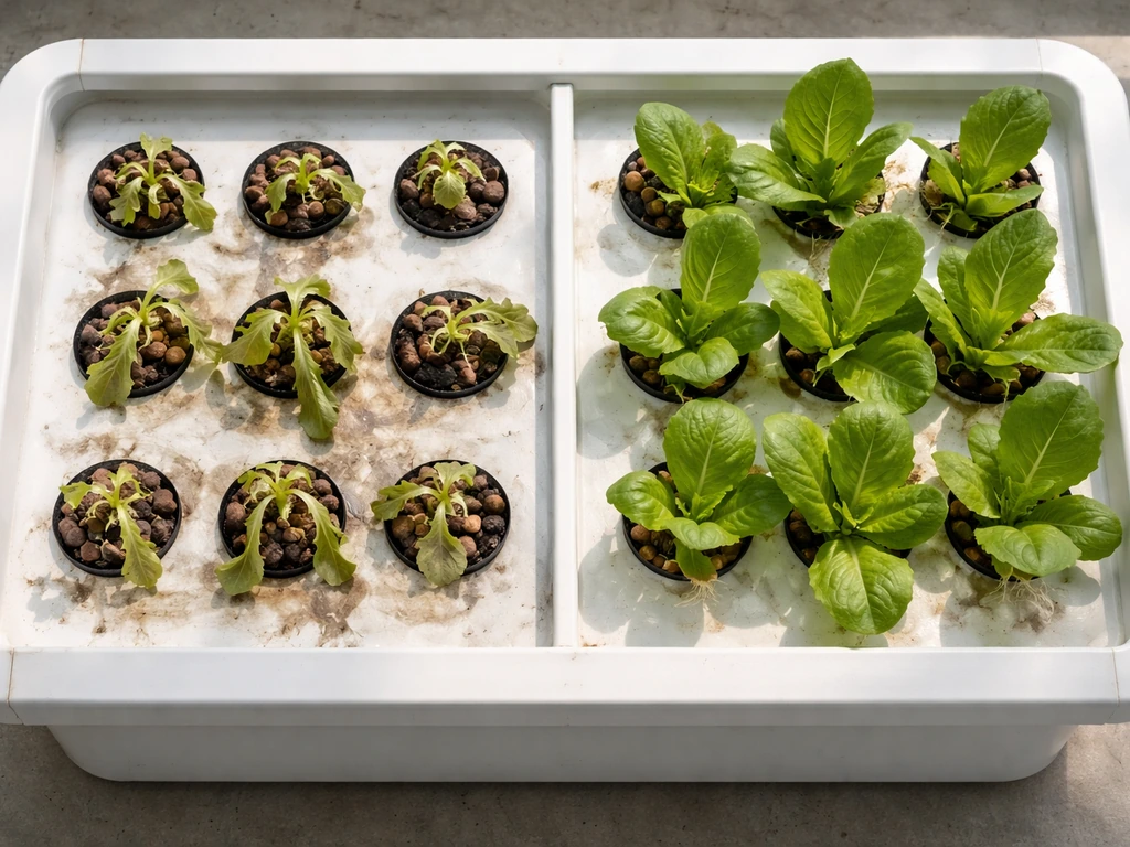 Overhead view of a lettuce hydroponic setup with stunted, wilting plants beside thriving lettuce