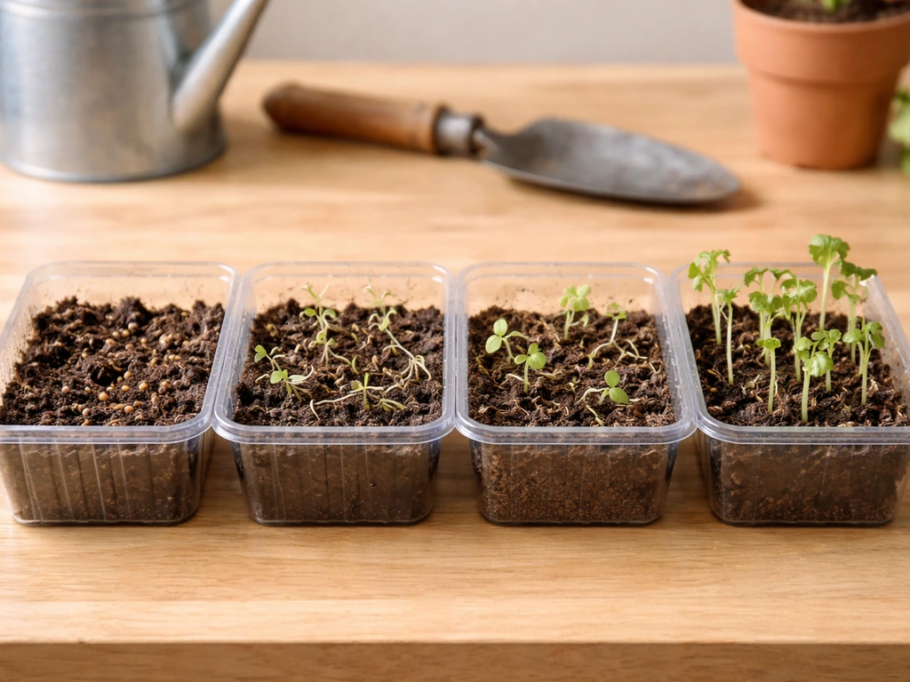 Four lettuce seed trays showing different failure stages: no sprouting, damping-off, stunted seedlings, and heat stress.