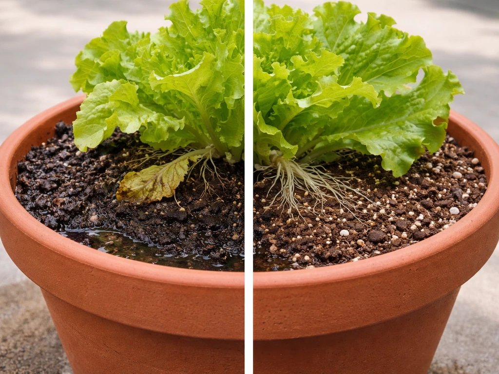 Side-by-side in one pot: waterlogged lettuce with brown roots vs well-drained lettuce with pale healthy roots.