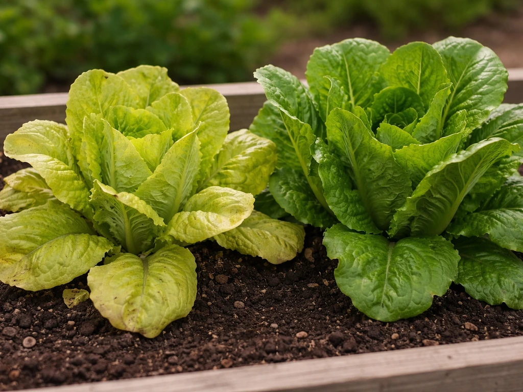 Close-up of lettuce showing yellowing older leaves beside healthier green leaves in a simple outdoor bed.