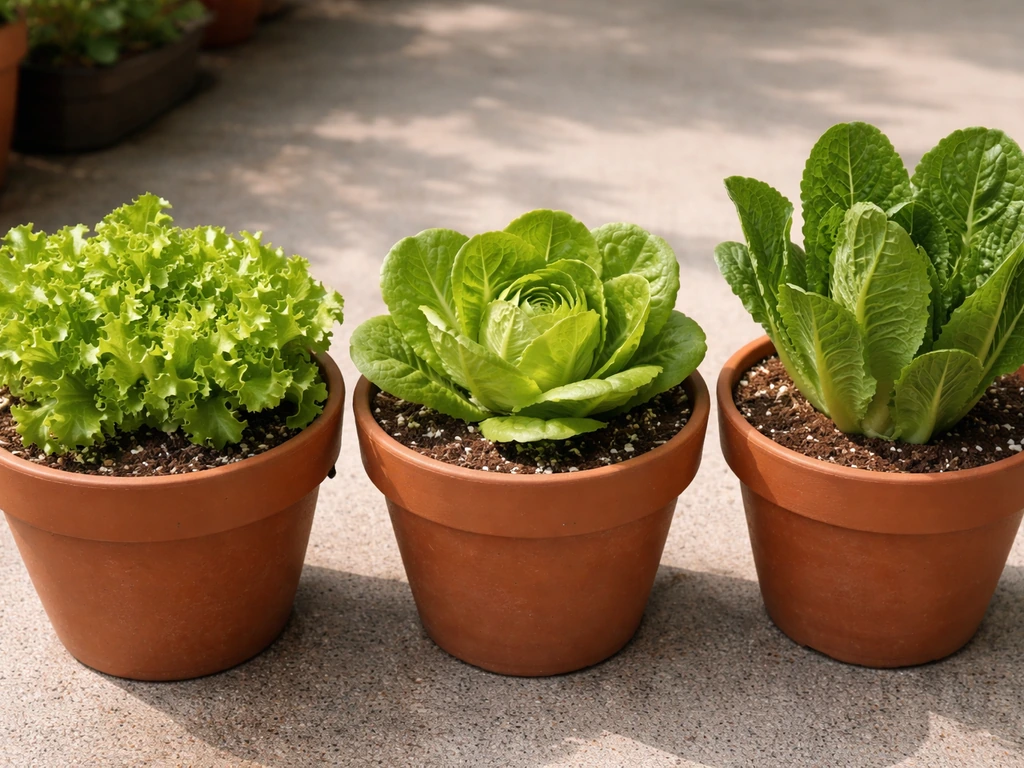 Three pots of lettuce side by side: loose-leaf, butterhead, and romaine in distinct shapes.