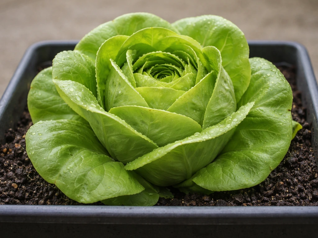 Close-up of butterhead lettuce in a small container, showing soft compact head and tender leaves