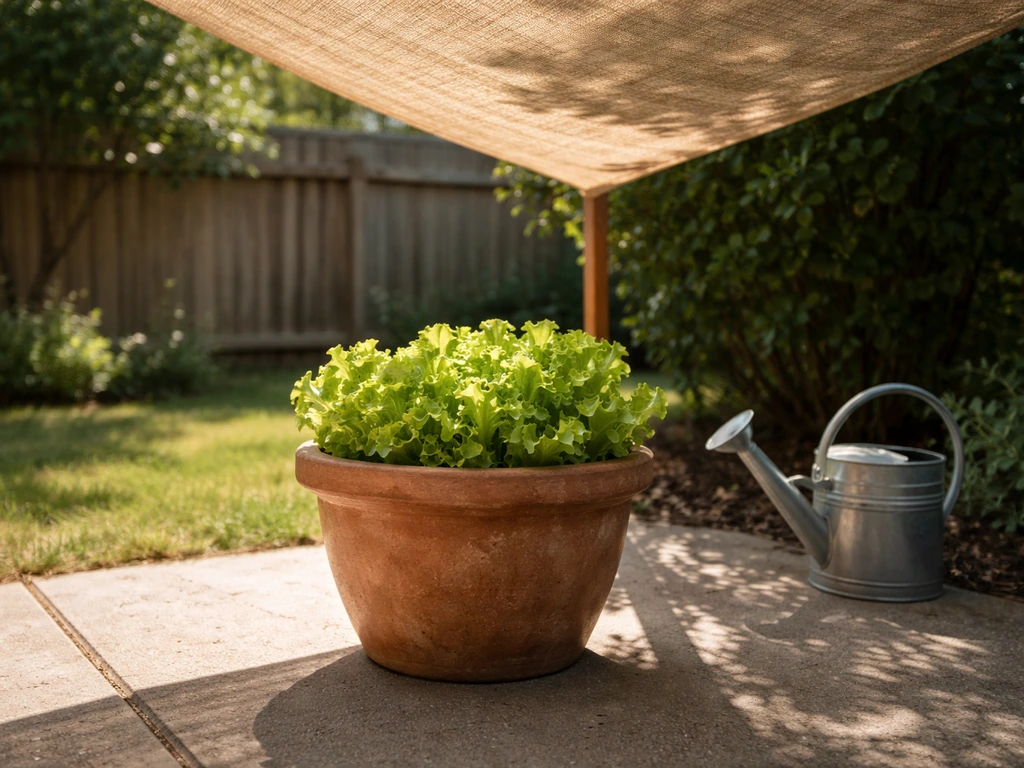Potted lettuce on a patio in partial sun with afternoon shade cloth for cooler temperatures