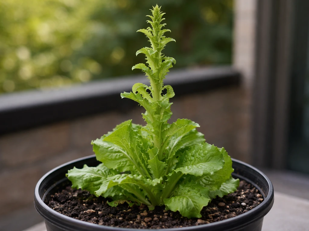 Close-up of a potted lettuce plant bolting with a tall center stalk and small stressed leaves.