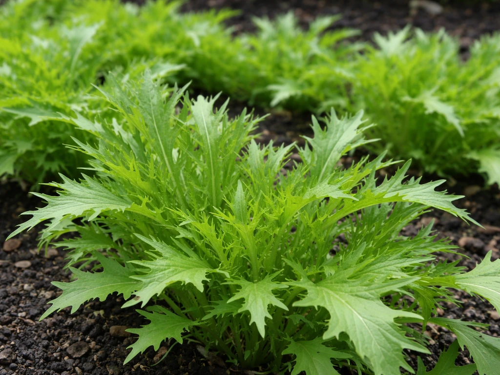 Close-up of feathery mizuna lettuce leaves growing in a home garden bed.