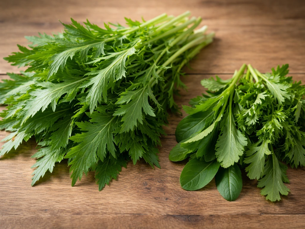 Fresh mizuna leaves with serrated edges beside mustard greens on a simple wooden surface.