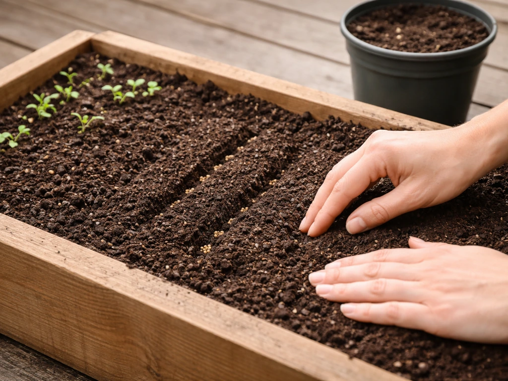 Gardener hand sowing mizuna seeds in shallow furrows inside a raised bed with loose soil and spaced seedlings.
