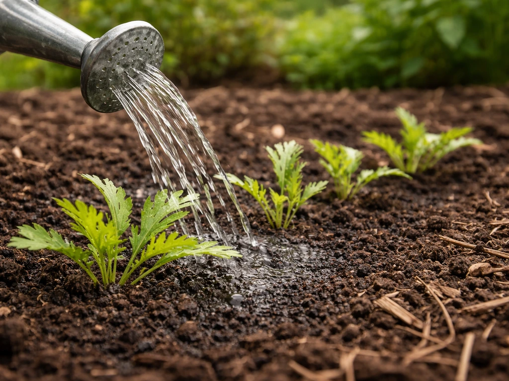 Gardener watering small mizuna plants with a watering can, soil evenly moist but not flooded.