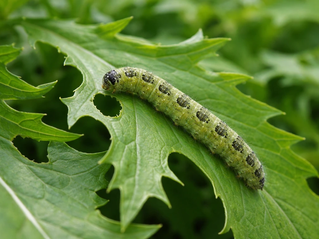 Cabbage white caterpillar on mizuna leaf with small chew marks and visible leaf damage.
