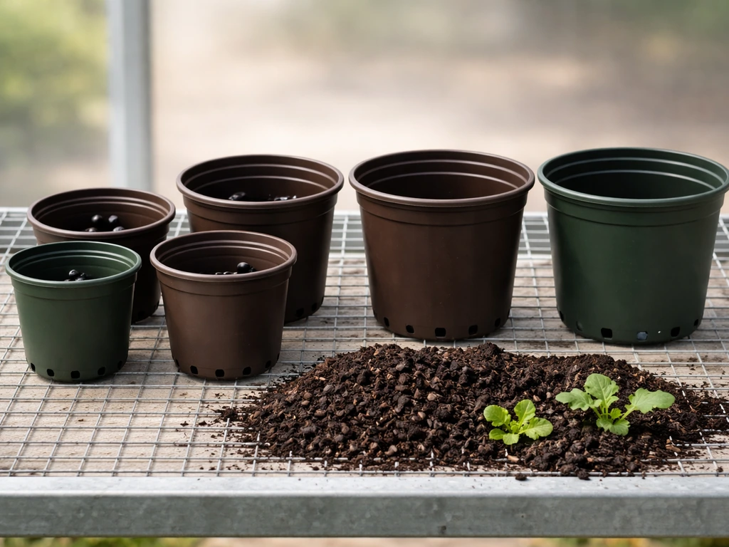Side-by-side small and 1-gallon pots with drainage holes, dark soil mix, and space for leaf lettuce.