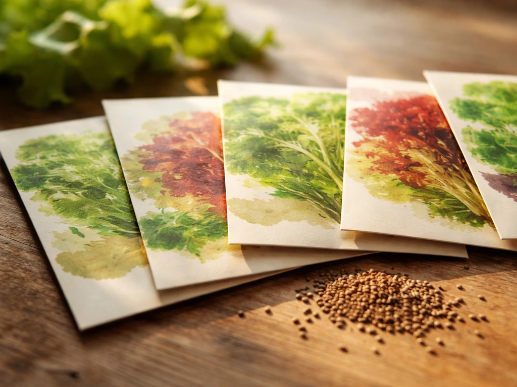 Close-up of organic lettuce seed packets and loose seeds on a wooden table.