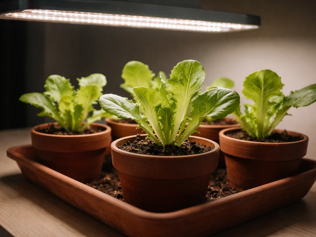 Lettuce seedlings in small pots under a full-spectrum LED grow light indoors
